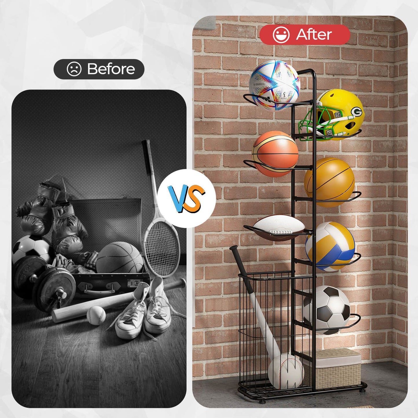 7-Tier Ball Storage Rack with Removable Hanging Rods and Side Basket