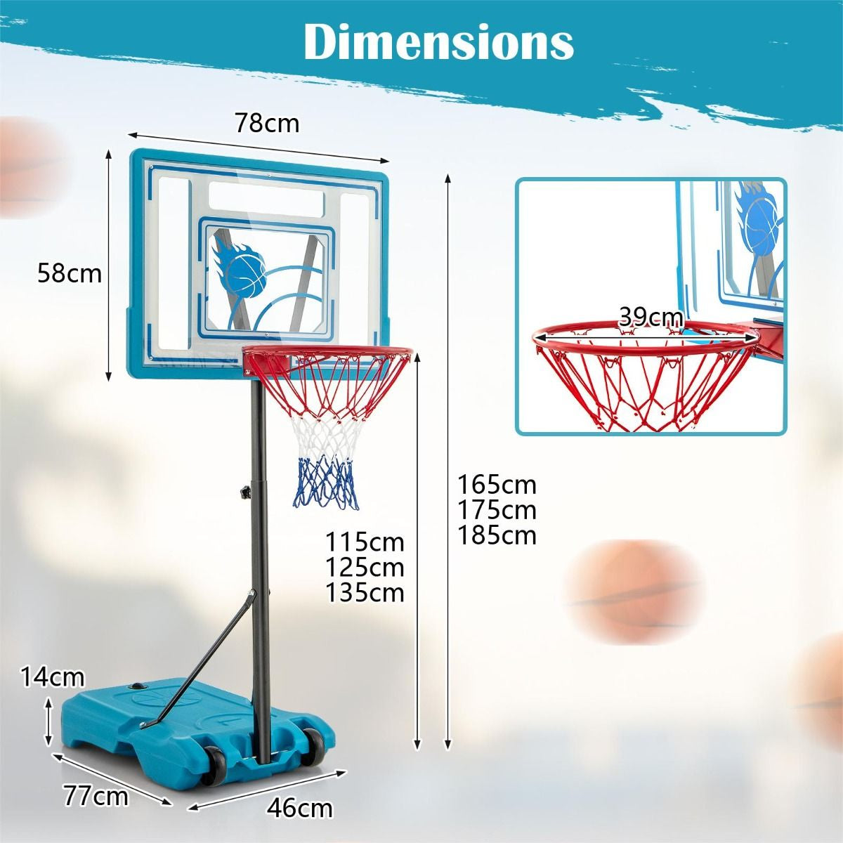 Swimming Pool Basketball Hoop Adjustable with Fillable Base and Wheels