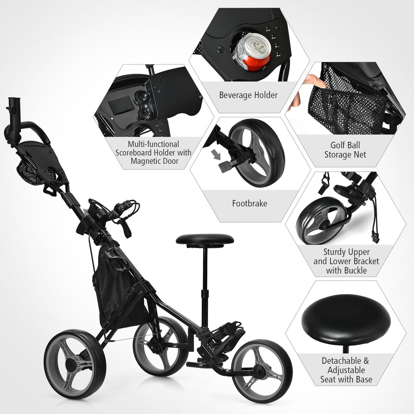 Golf Push Pull Cart with Storage Bag and Foot Brake