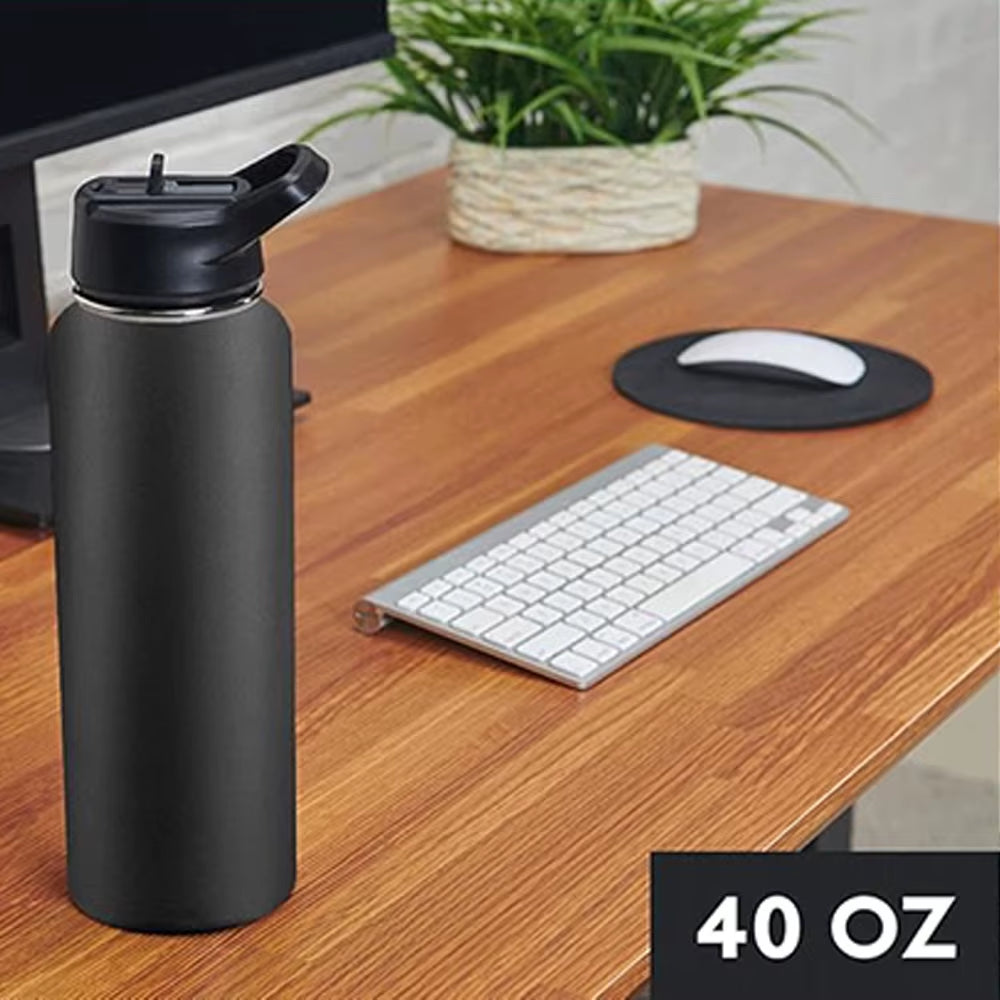 40 Oz Water Bottle Stainless Steel Thermos Bottle Keeps Cold Triple Walled Insulated Drinking Straw Gym Sports-Leisure Canteens