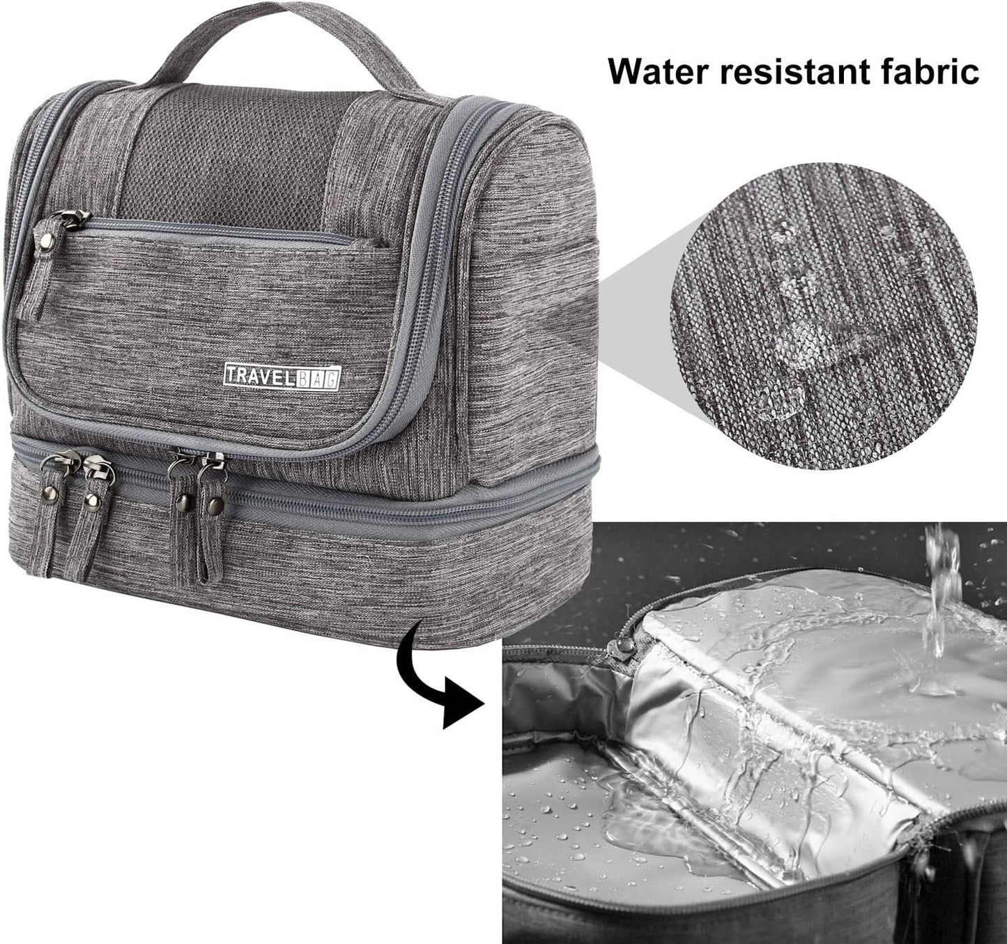 Large Travel Toiletry Bag, Women Mens Wash Bag, Cosmetic Wash Bag with Dry and Wet Separation 2 Layers Design Waterproof Bathroom Bag(Grey)
