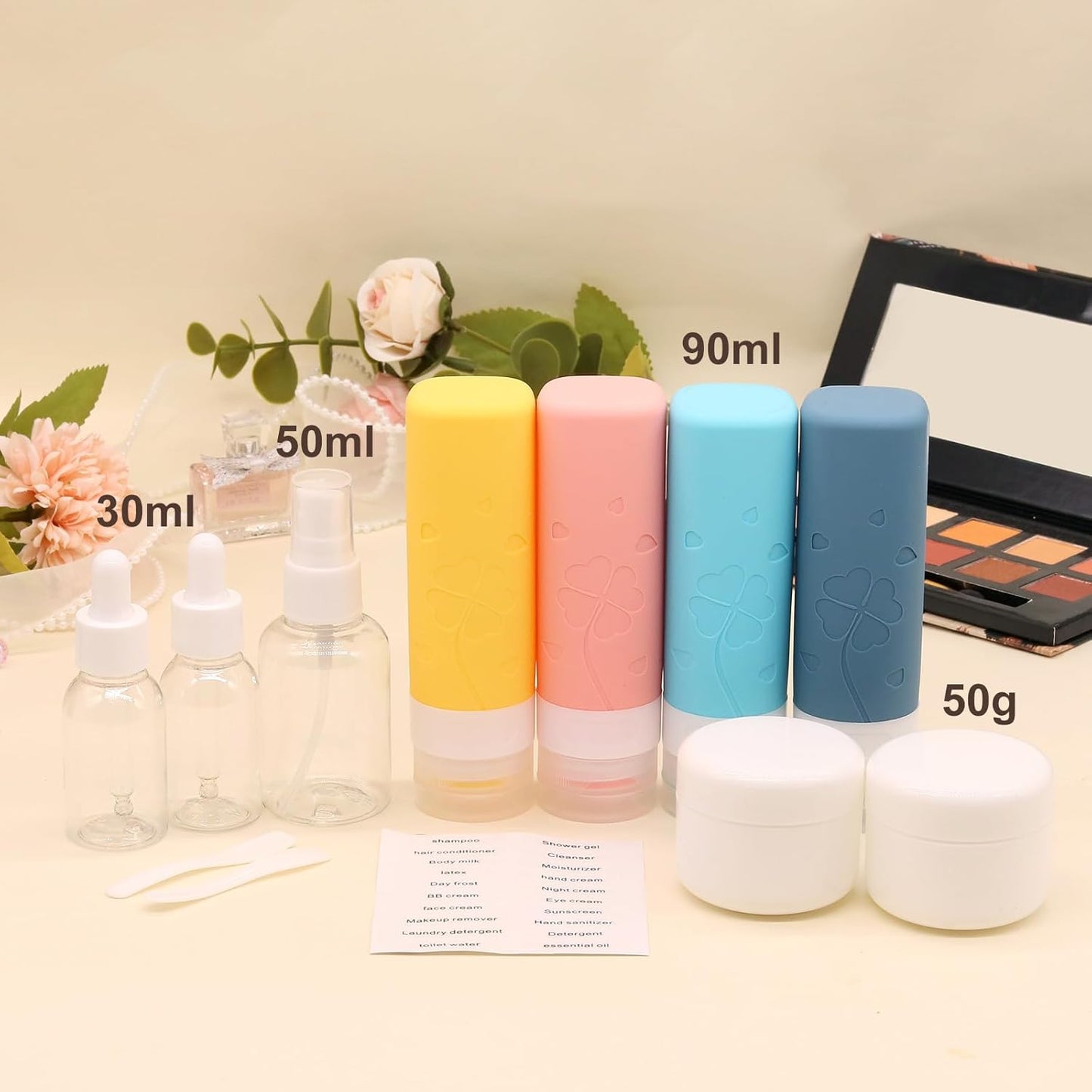 12 Pcs Travel Bottles for Toiletries, Travel Size Containers with Cream Jars, Airplane Travel Essentials Leak Proof Silicone Squeezable Travel Accessories for Shampoo Conditioner Lotion Cream