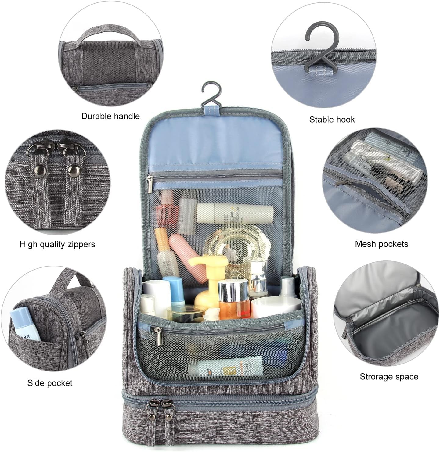Large Travel Toiletry Bag, Women Mens Wash Bag, Cosmetic Wash Bag with Dry and Wet Separation 2 Layers Design Waterproof Bathroom Bag(Grey)