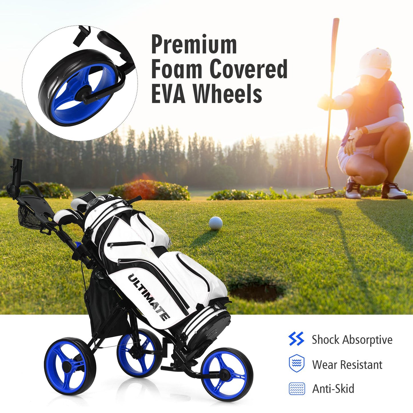Golf Push Pull Cart with Storage Bag and Foot Brake