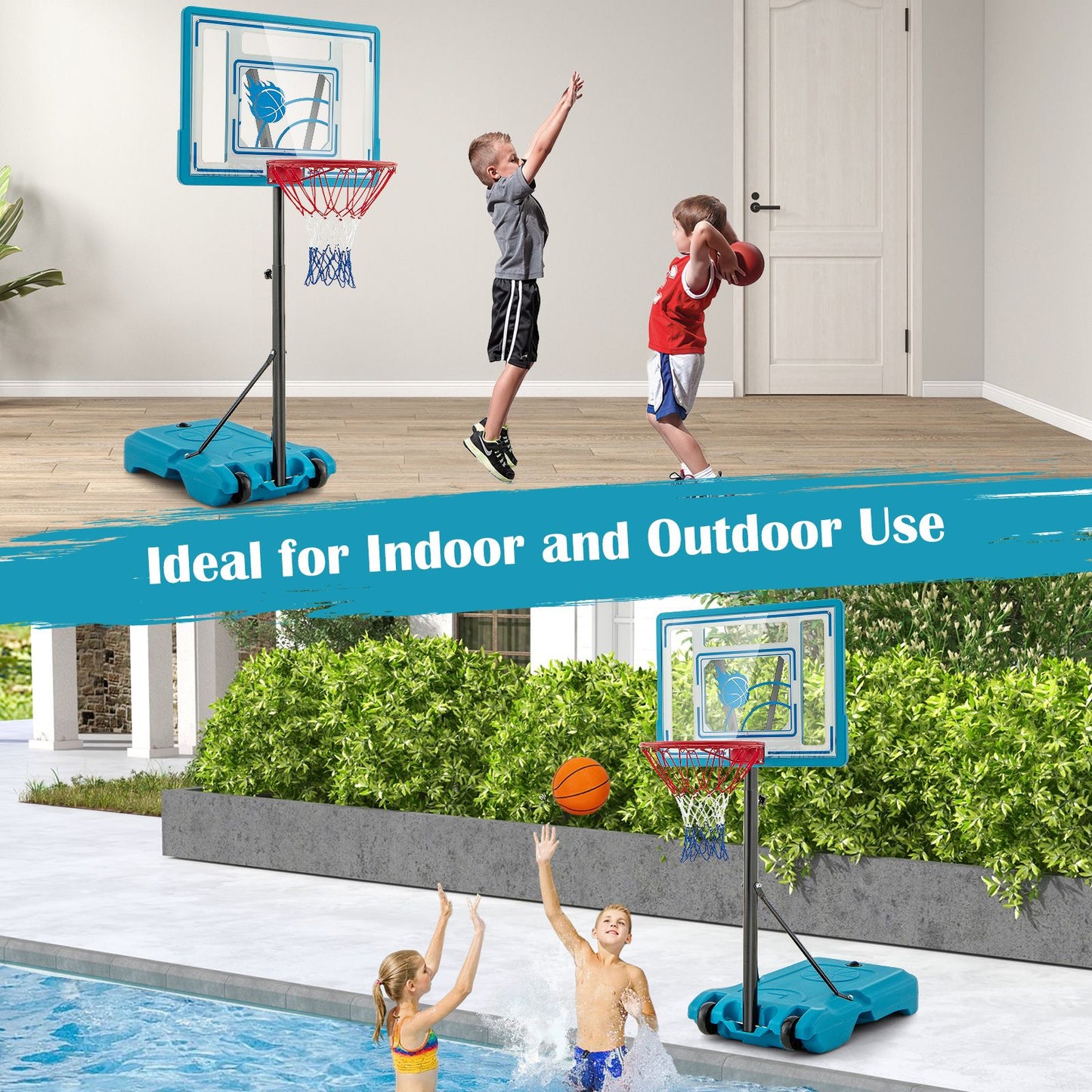 Swimming Pool Basketball Hoop Adjustable with Fillable Base and Wheels