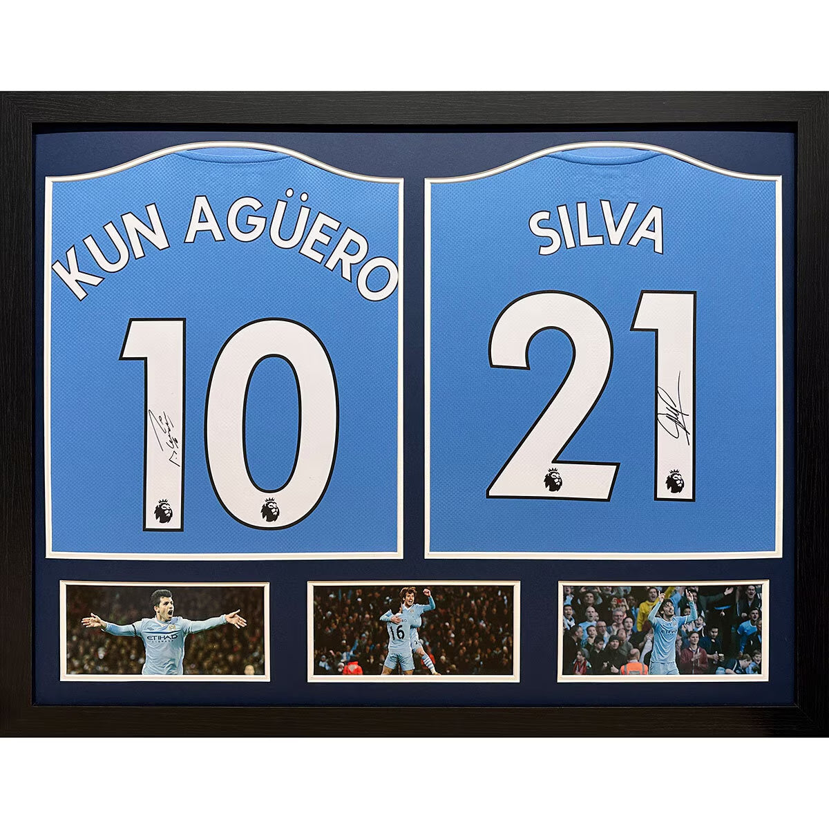 Sergio Aguero & David Silva Double Signed Framed Manchester City Football Shirts
