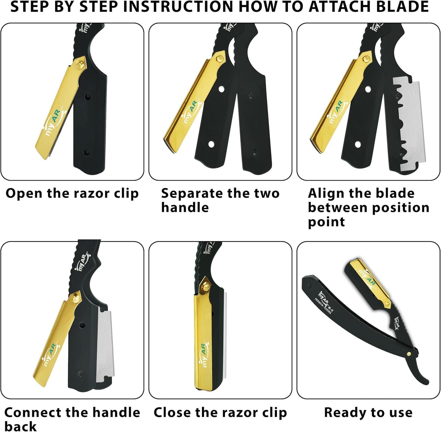 Straight Cut Throat Razor Kit - Professional Barber Shaving for Men - Moustache & Beard Kit (Black with Gold)