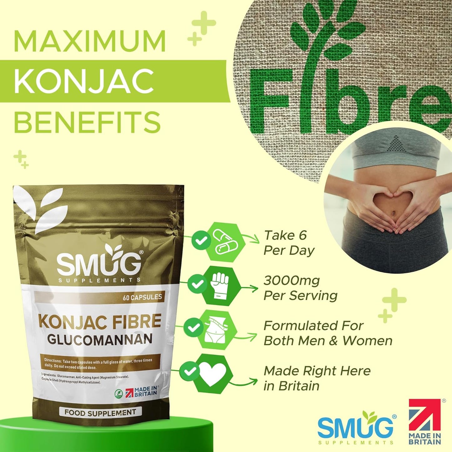 Glucomannan Konjac Root Capsules - British Made - Max Strength 3000Mg per Serving - Six-A-Day Vegan Capsules - Robust Fibre Support -