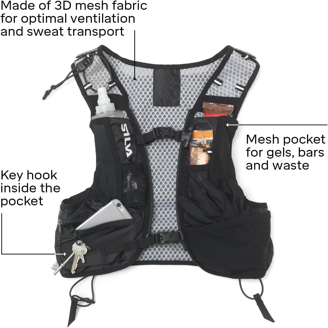 Black Running Vest with Water Bottles - Strive Light 5 or 10 Litres Pack Volume - Lightweight Running Backpack for Men and Women - Two 240 Ml Soft Flasks Included - Trail Running Vest