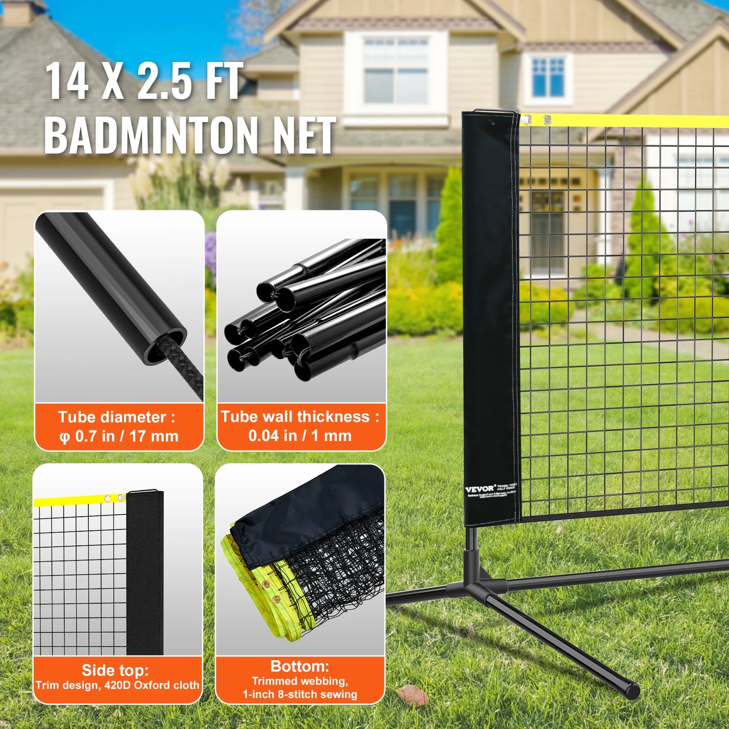 10/14/17FT Badminton Net Height Adjustable Volleyball Net Wide Foldable Pickleball Net Portable Easy Setup Tennis Net Set