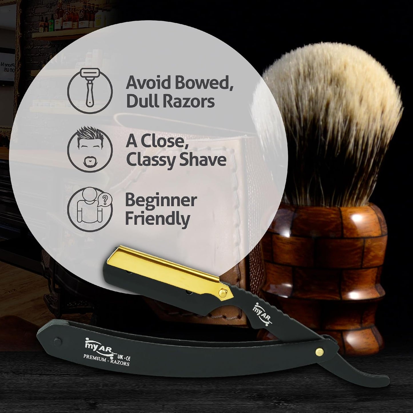 Straight Cut Throat Razor Kit - Professional Barber Shaving for Men - Moustache & Beard Kit (Black with Gold)