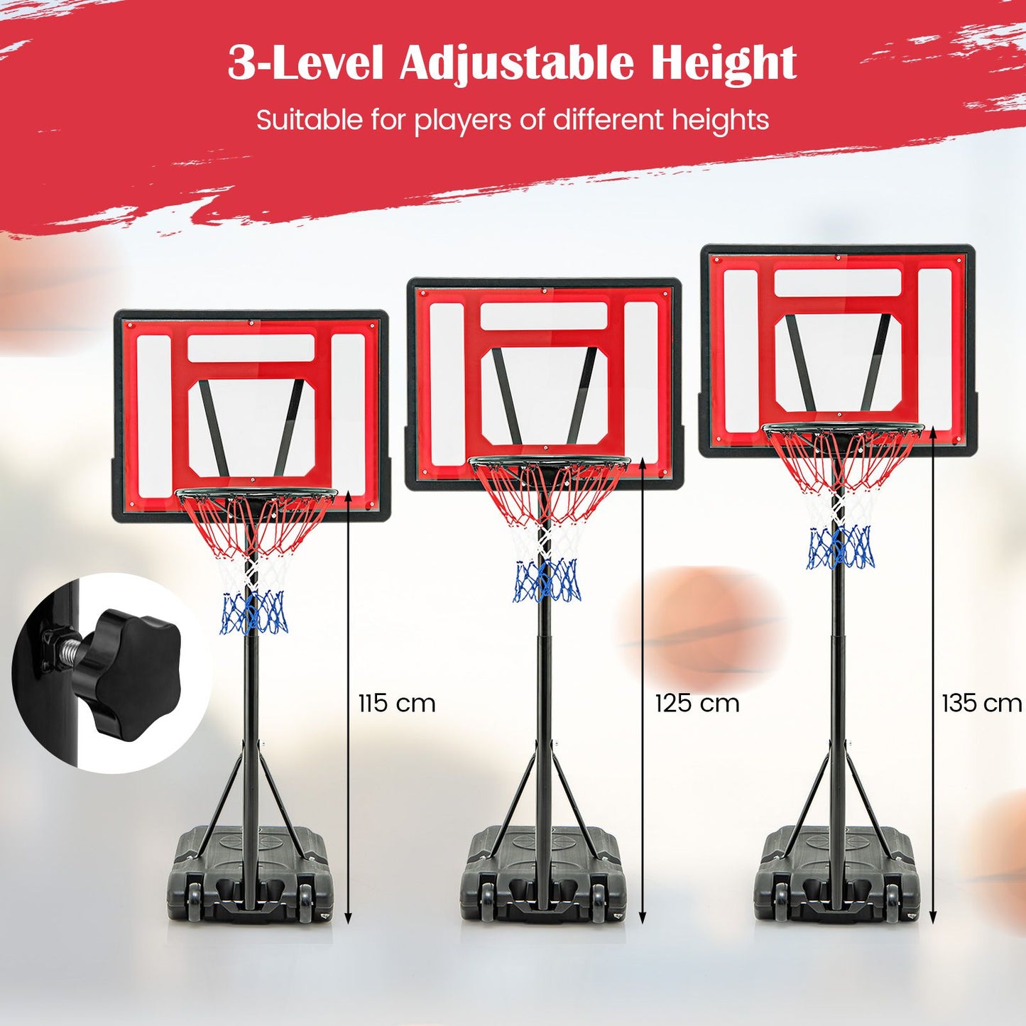 Swimming Pool Basketball Hoop Adjustable with Fillable Base and Wheels