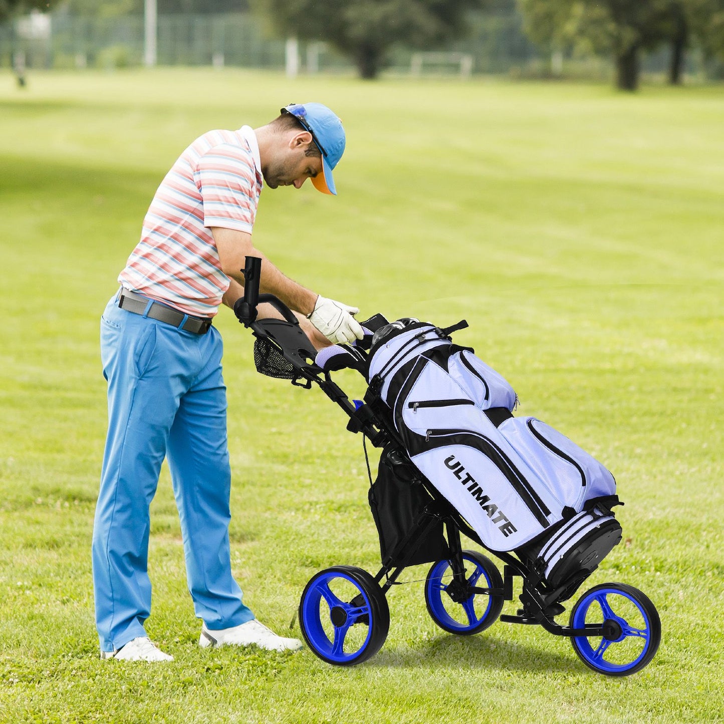 Golf Push Pull Cart with Storage Bag and Foot Brake