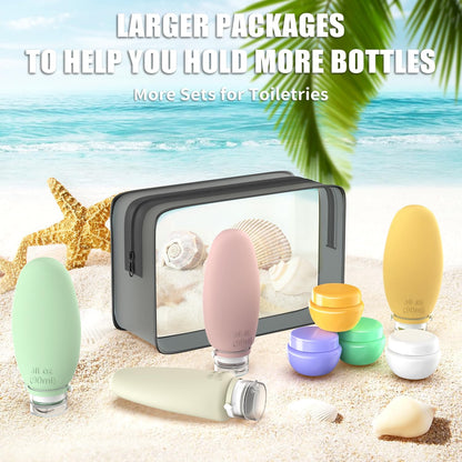 Travel Bottles for Toiletries, 4 Pack Silicone Travel Bottles Set with Clear Zipper Toiletry Bag, Leakproof Refillable Squeezable Travel Size Containers for Shampoo, Conditioner
