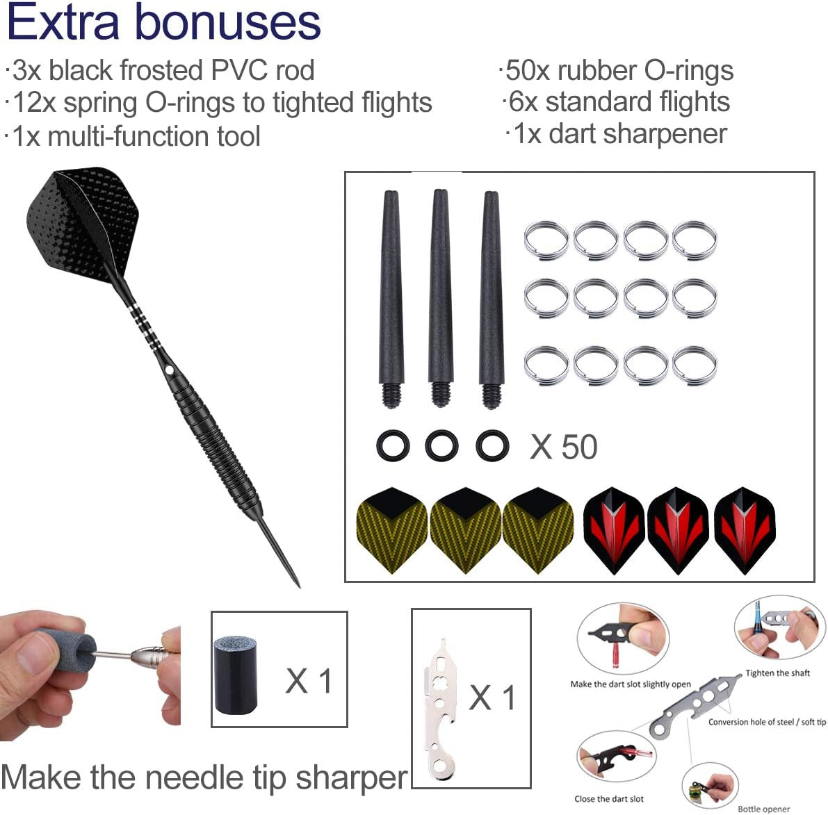 Professional 3 Pack 22G, 23G, 24G, 27G Steel Tip Darts Set with Darts Stems Flights + 50Pcs Rubber O-Rings + 12Pcs Spring Rings + 1Pcs Dart Sharpener Tool for Dart Board
