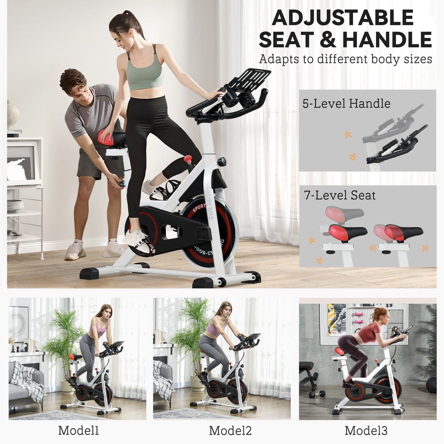 HOMCOM 8Kg Flywheel Exercise Bike Adjustable Height Resistance 2 Wheel White