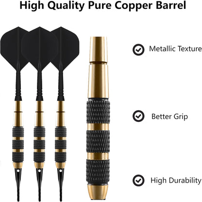 ​​ 18G Soft Tip Darts Set - 3 Brass Barrel Darts with Integrated Shaft & Flight, 30 Plastic Tips & Dart Case - Safety for Adults/Kids, Perfect for Indoor/Office/Bar/Family Games​