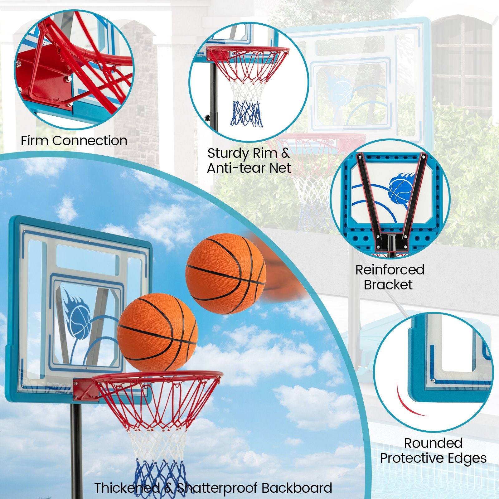 Swimming Pool Basketball Hoop Adjustable with Fillable Base and Wheels