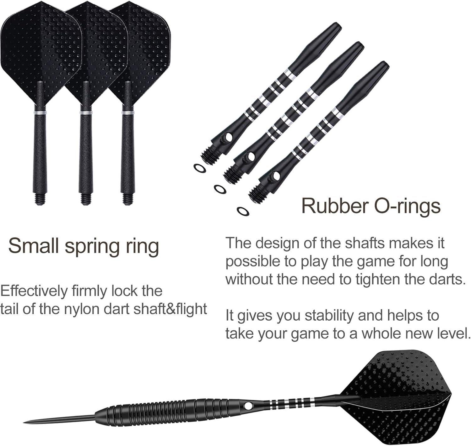 Professional 3 Pack 22G, 23G, 24G, 27G Steel Tip Darts Set with Darts Stems Flights + 50Pcs Rubber O-Rings + 12Pcs Spring Rings + 1Pcs Dart Sharpener Tool for Dart Board