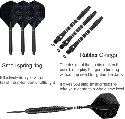 Professional 3 Pack 22G, 23G, 24G, 27G Steel Tip Darts Set with Darts Stems Flights + 50Pcs Rubber O-Rings + 12Pcs Spring Rings + 1Pcs Dart Sharpener Tool for Dart Board