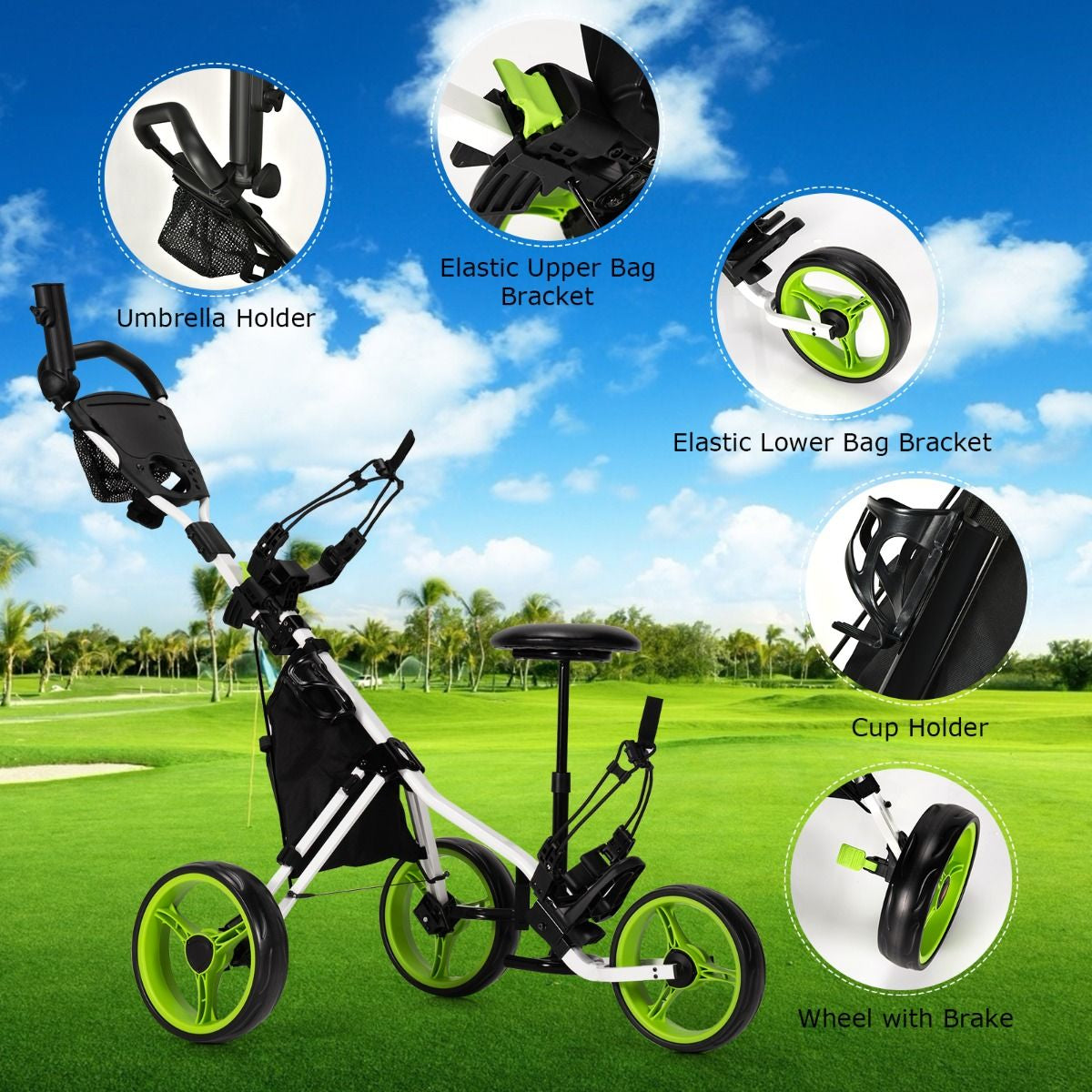 Golf Push Pull Cart with Storage Bag and Foot Brake