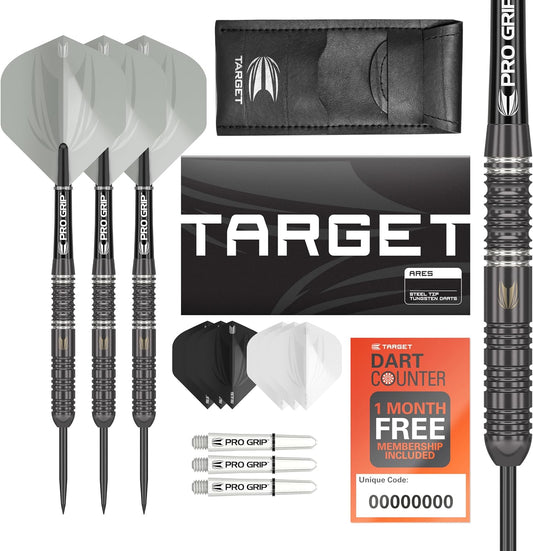 Darts Ares 22G/23G/24G Tungsten Steel Tip Darts Set | 6 Pro Grip Shafts | 9 Pro Ultra Flights | Dart Wallet Bundle