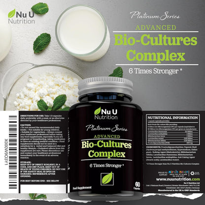Bio Cultures Probiotics 60 Billion CFU - 60 Capsules - 2 Month Supply - 5 Active Vegetarian Strains with Lactobacillus Acidophilus & Bifidobacterium - Gut Supplements for Women & Men -