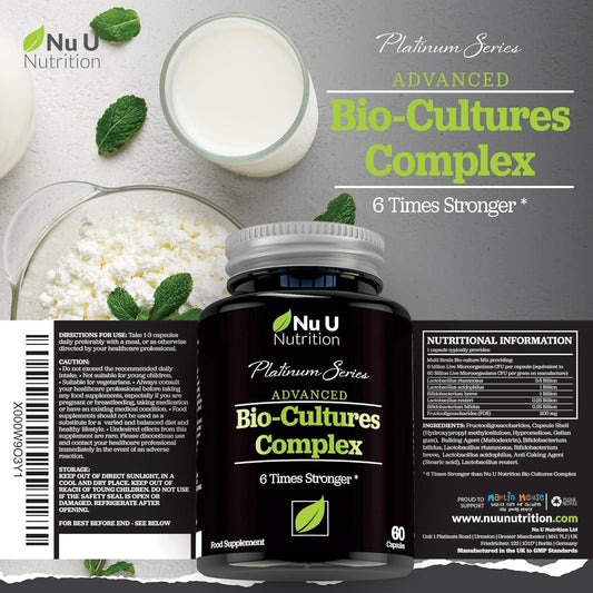 Bio Cultures Probiotics 60 Billion CFU - 60 Capsules - 2 Month Supply - 5 Active Vegetarian Strains with Lactobacillus Acidophilus & Bifidobacterium - Gut Supplements for Women & Men -