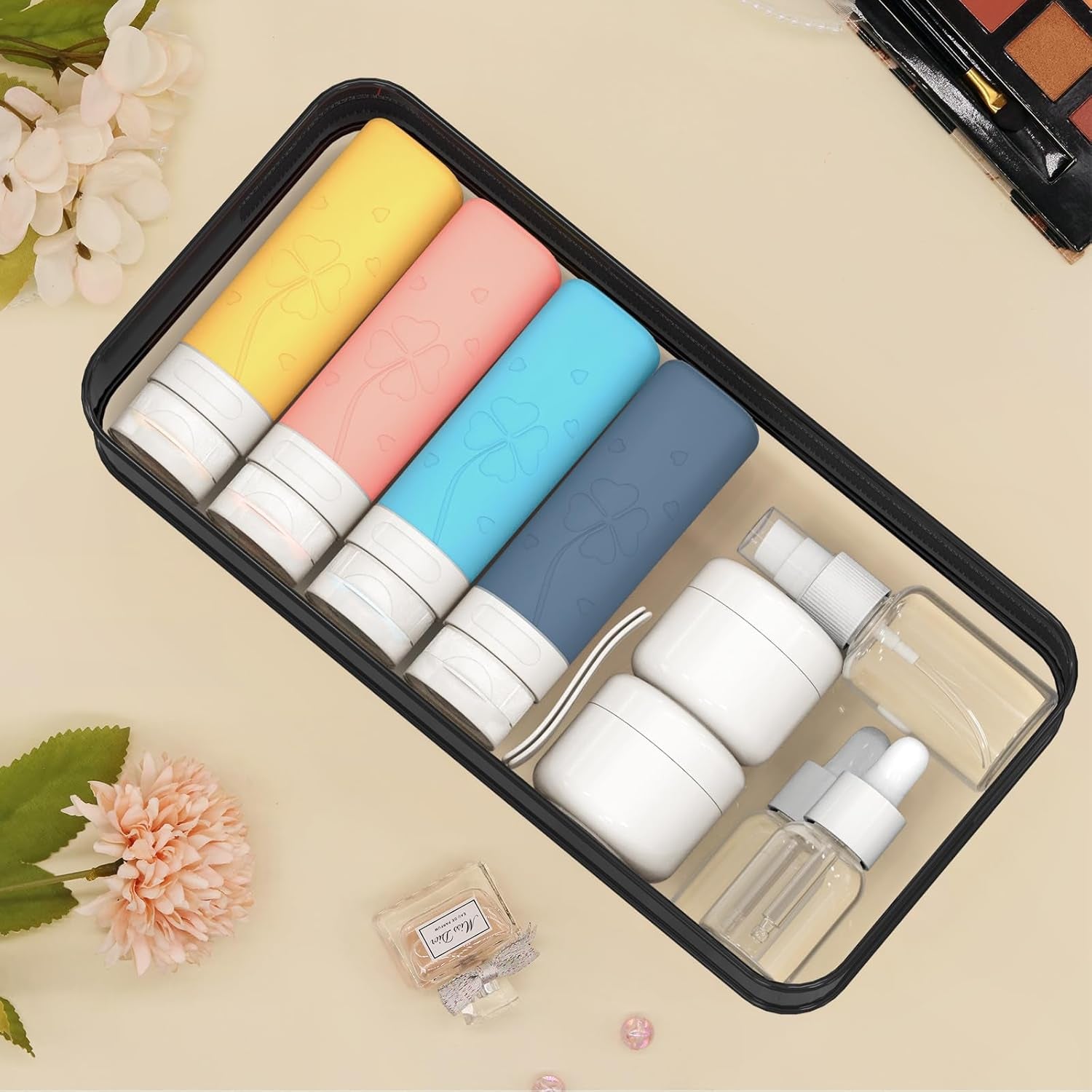 12 Pcs Travel Bottles for Toiletries, Travel Size Containers with Cream Jars, Airplane Travel Essentials Leak Proof Silicone Squeezable Travel Accessories for Shampoo Conditioner Lotion Cream