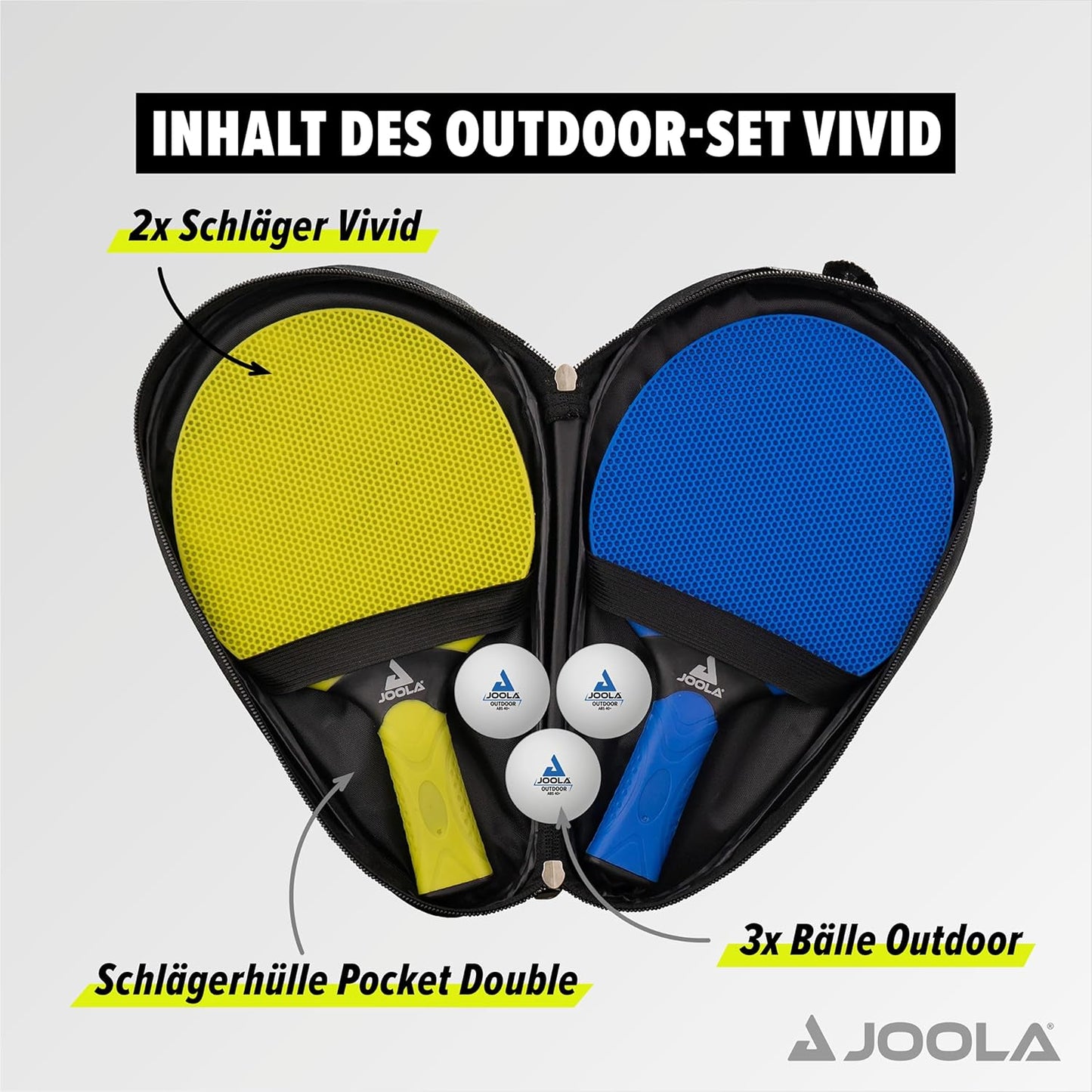 Tischtennis Set Vivid Outdoor 2 Tischtennisschläger + 3 Tischtennisbälle + Tischtennishülle, Lime/Blau, 6-Teilig