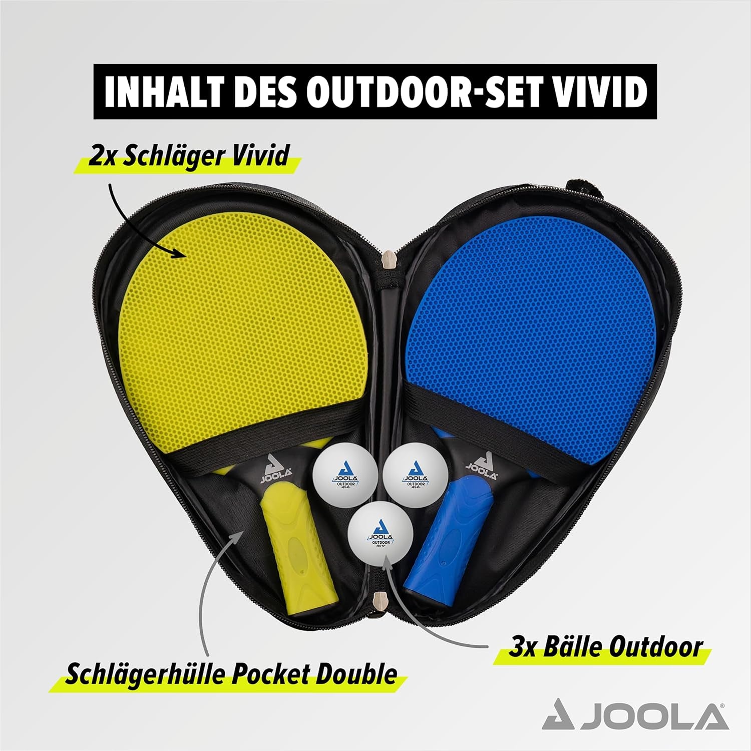 Tischtennis Set Vivid Outdoor 2 Tischtennisschläger + 3 Tischtennisbälle + Tischtennishülle, Lime/Blau, 6-Teilig