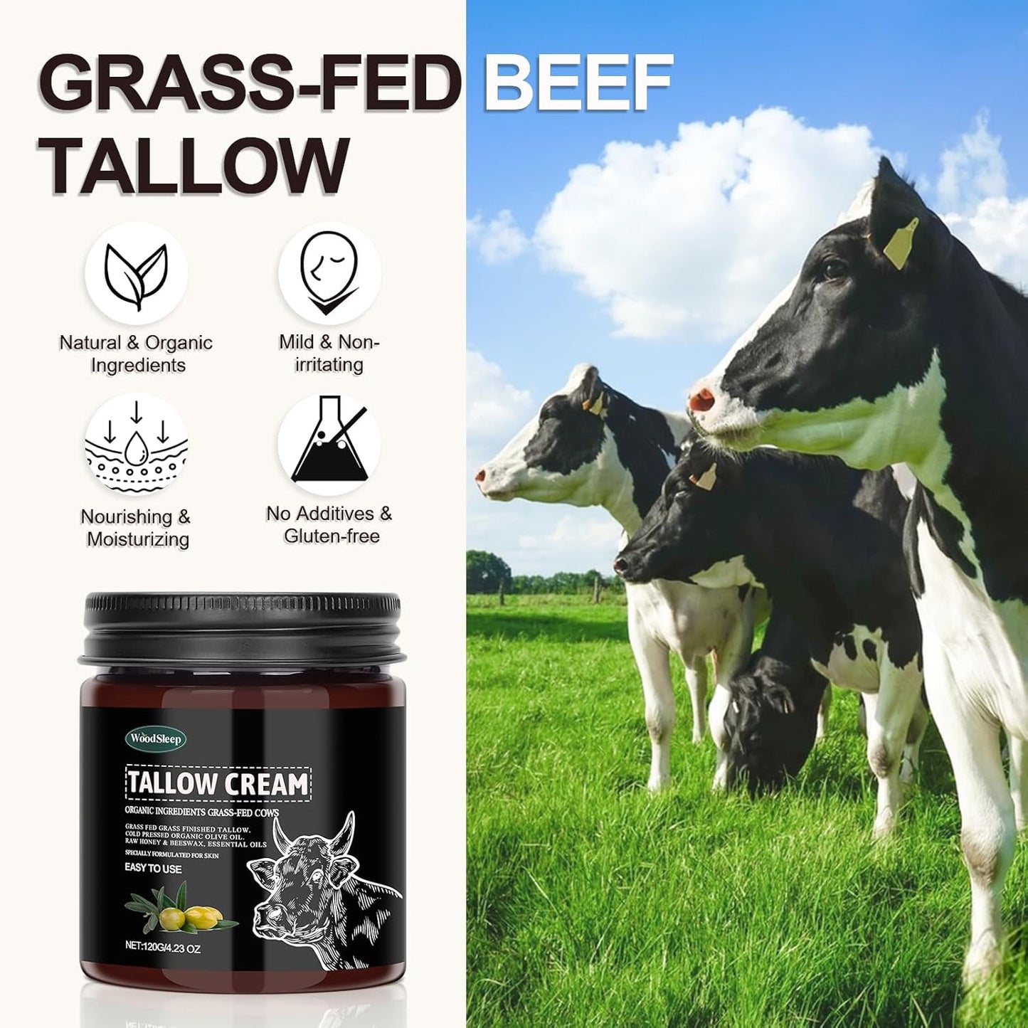 Beef Tallow,Beef Tallow for Skin,Beef Tallow Face Moisturiser, Organic Beef Tallow Skin Care, Grass Fed Beef Tallow Cream, Moisturizer and Nourishes for Face & Body 1Pc