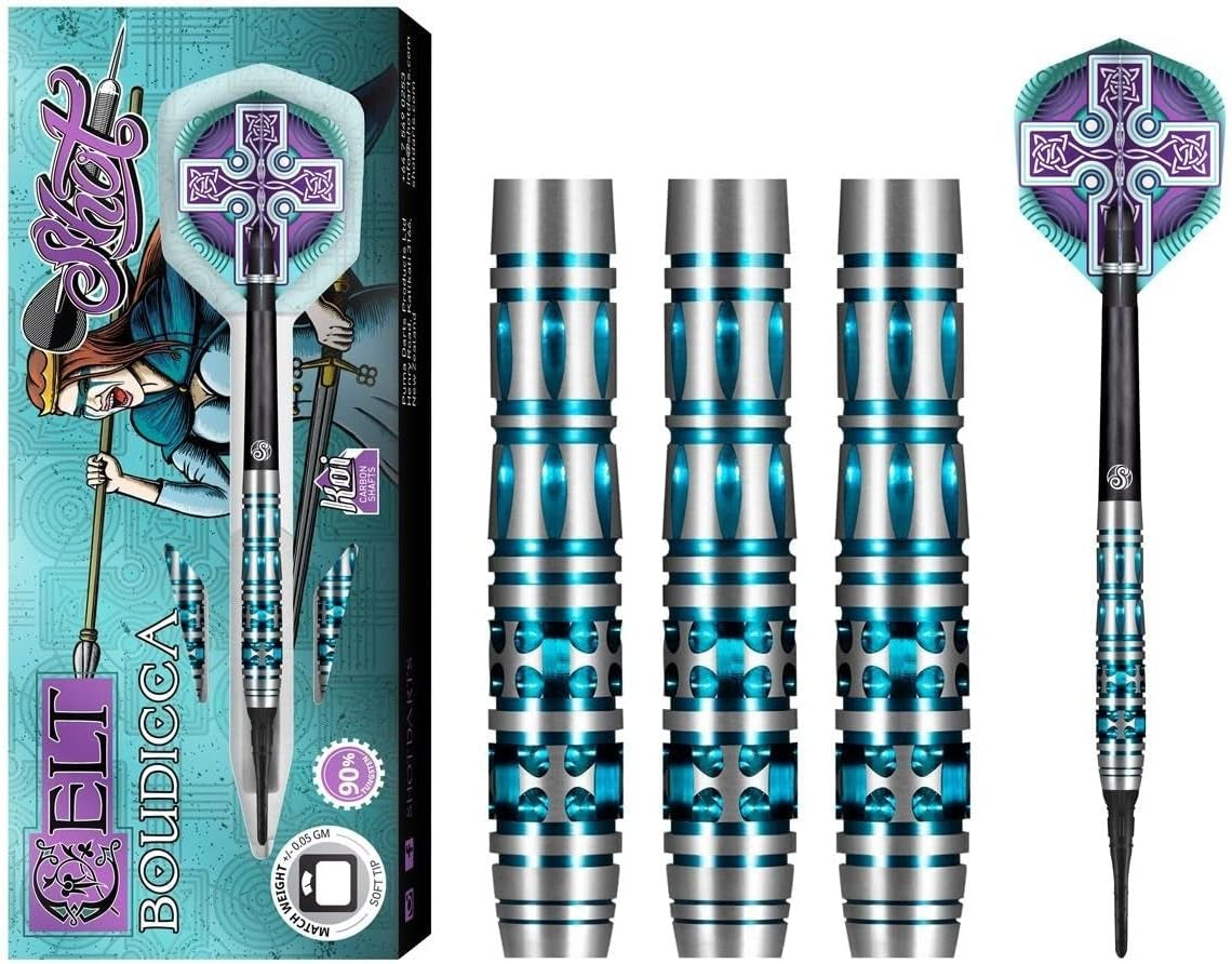 Darts Celt Boudicca 90% Tungsten Pro Throwing Darts Soft Tip Set, Professional – Made in New Zealand – Designed Dart Flights for Women & Men – Plastic Tip Bar Darts for Adults