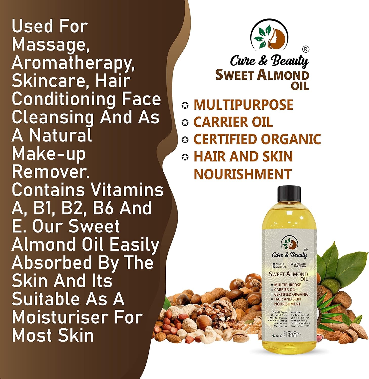 Sweet Almond Oil – 100% Pure Certified (250Ml) for Skin, Hair, Massage, Nails, Face, Body, Stretch Marks - Skin Care, Carrier Oil - |Vegan| (PACK of 2)
