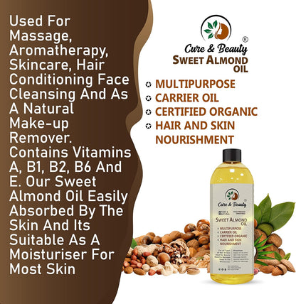 Sweet Almond Oil – 100% Pure Certified (250Ml) for Skin, Hair, Massage, Nails, Face, Body, Stretch Marks - Skin Care, Carrier Oil - |Vegan| (PACK of 2)
