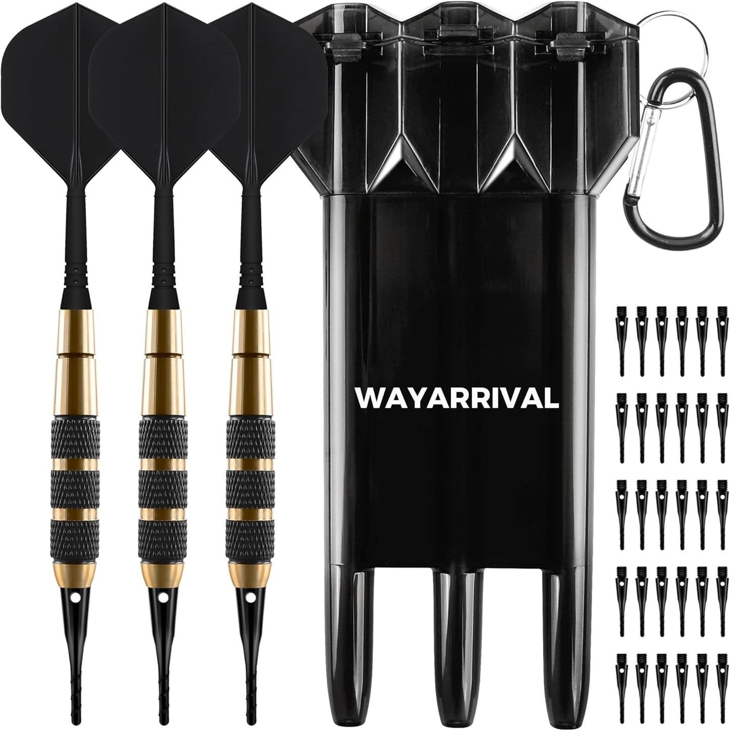 ​​ 18G Soft Tip Darts Set - 3 Brass Barrel Darts with Integrated Shaft & Flight, 30 Plastic Tips & Dart Case - Safety for Adults/Kids, Perfect for Indoor/Office/Bar/Family Games​