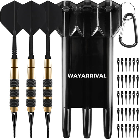 ​​ 18G Soft Tip Darts Set - 3 Brass Barrel Darts with Integrated Shaft & Flight, 30 Plastic Tips & Dart Case - Safety for Adults/Kids, Perfect for Indoor/Office/Bar/Family Games​