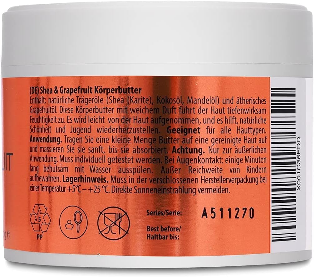 Shea & Grapefruit Body Butter - 250 G - Natural Body Moisturizer - Herbal Oils Butter - Multipurpose Skincare - Body Butter for Massage - Grapefruit Butter - Hand Care - Sheabutter for Rough Skin