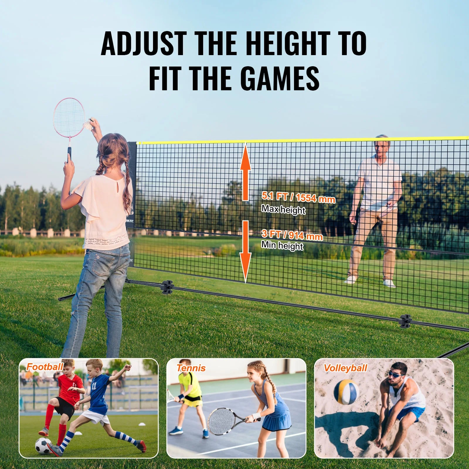 10/14/17FT Badminton Net Height Adjustable Volleyball Net Wide Foldable Pickleball Net Portable Easy Setup Tennis Net Set