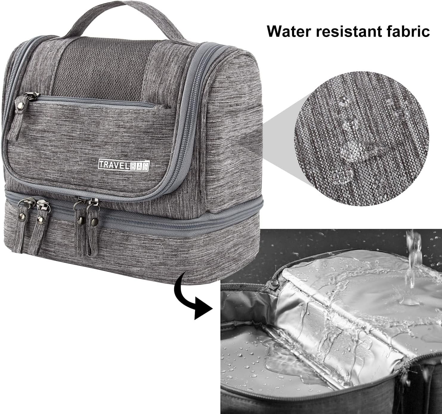 Large Travel Toiletry Bag, Women Mens Wash Bag, Cosmetic Wash Bag with Dry and Wet Separation 2 Layers Design Waterproof Bathroom Bag(Grey)