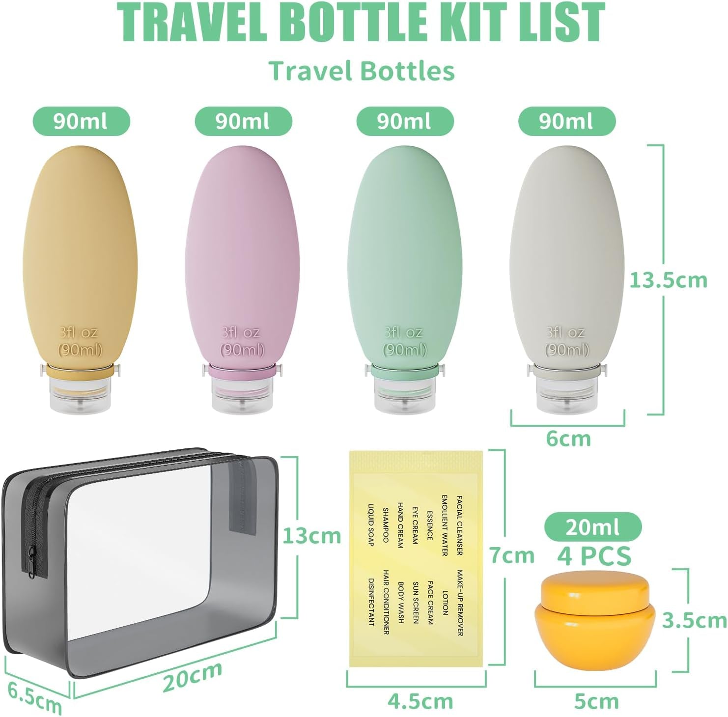 Travel Bottles for Toiletries, 4 Pack Silicone Travel Bottles Set with Clear Zipper Toiletry Bag, Leakproof Refillable Squeezable Travel Size Containers for Shampoo, Conditioner