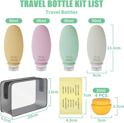 Travel Bottles for Toiletries, 4 Pack Silicone Travel Bottles Set with Clear Zipper Toiletry Bag, Leakproof Refillable Squeezable Travel Size Containers for Shampoo, Conditioner