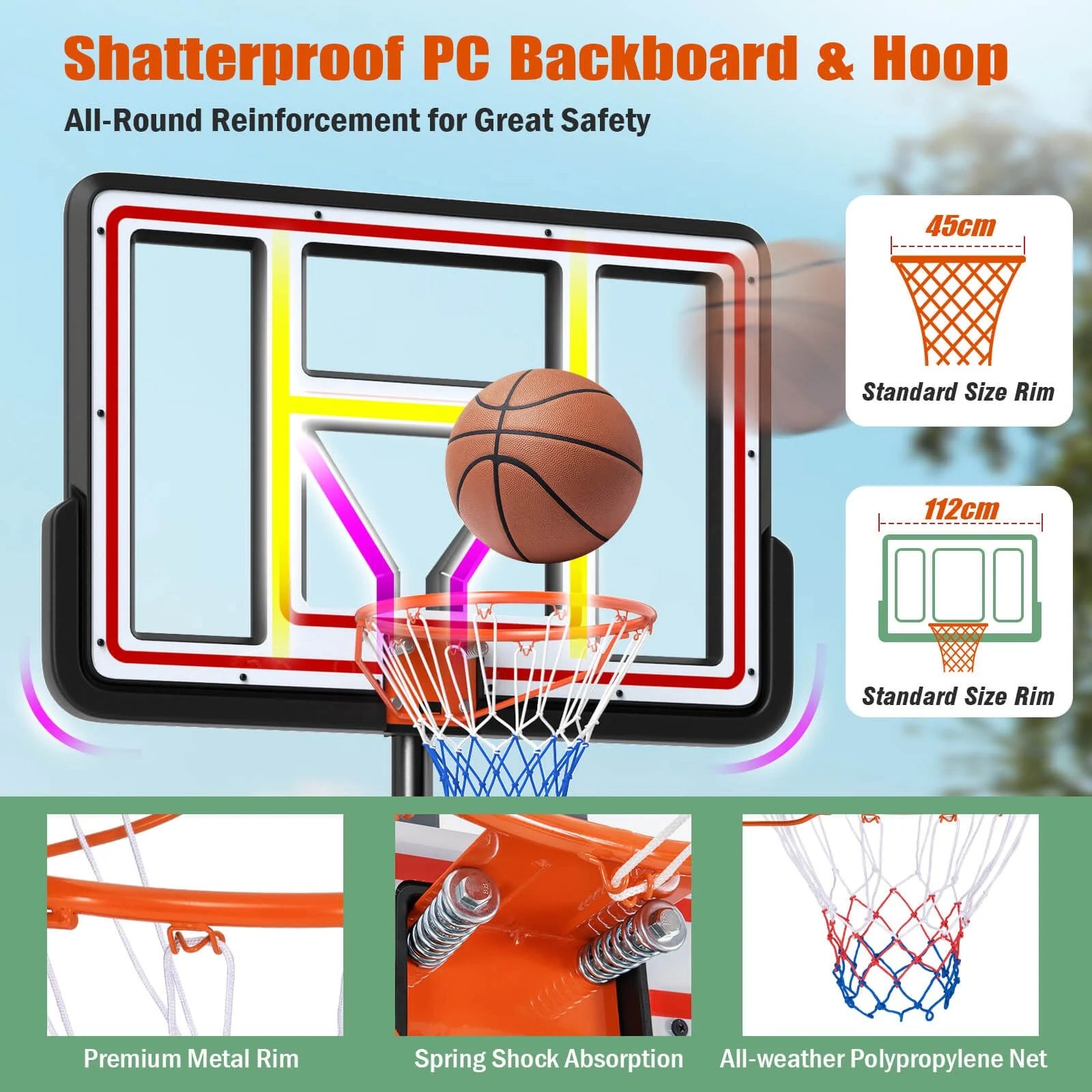225-305Cm Portable Basketball Hoop Adjustable Basketball Goal System