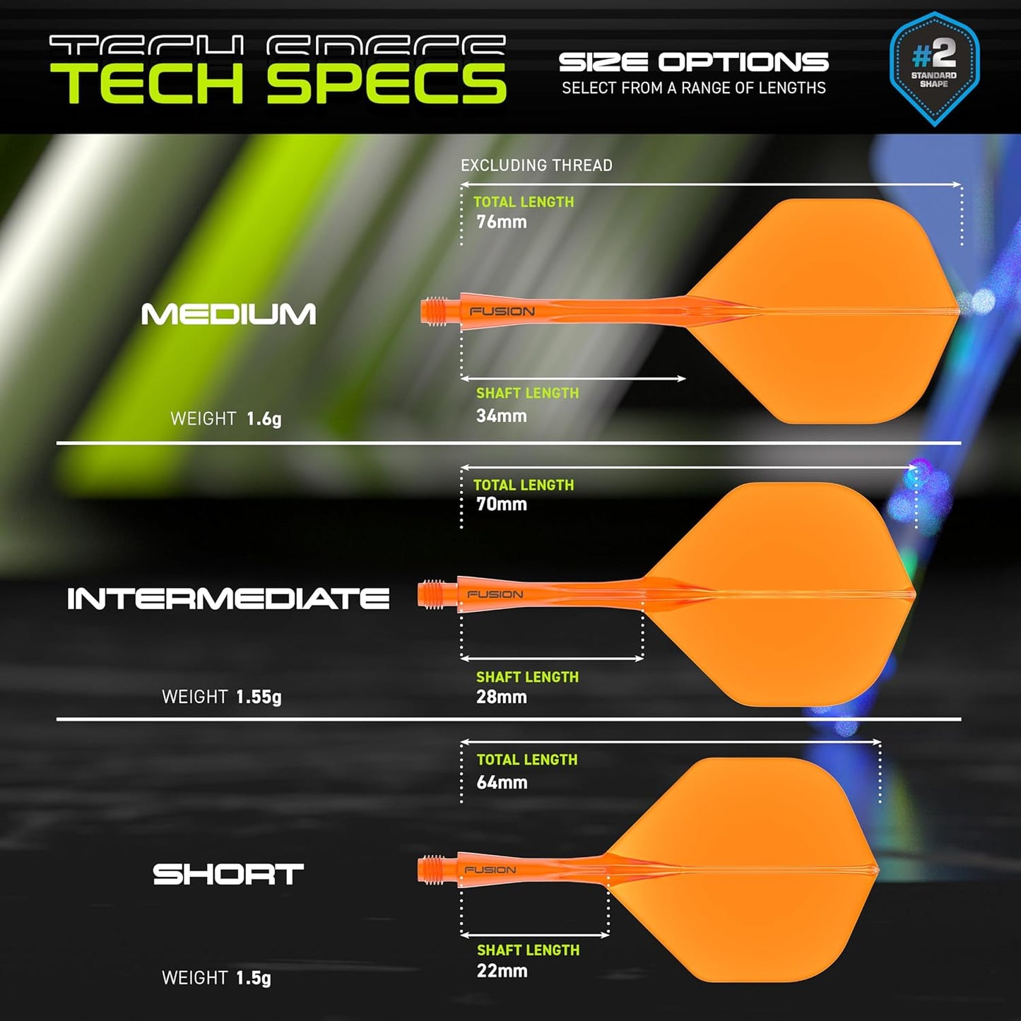 Darts Fusion Integrated Flight & Shaft System - No.2 Shape and Design - Available in Short, Intermediate & Medium - Available in Variety of Colours