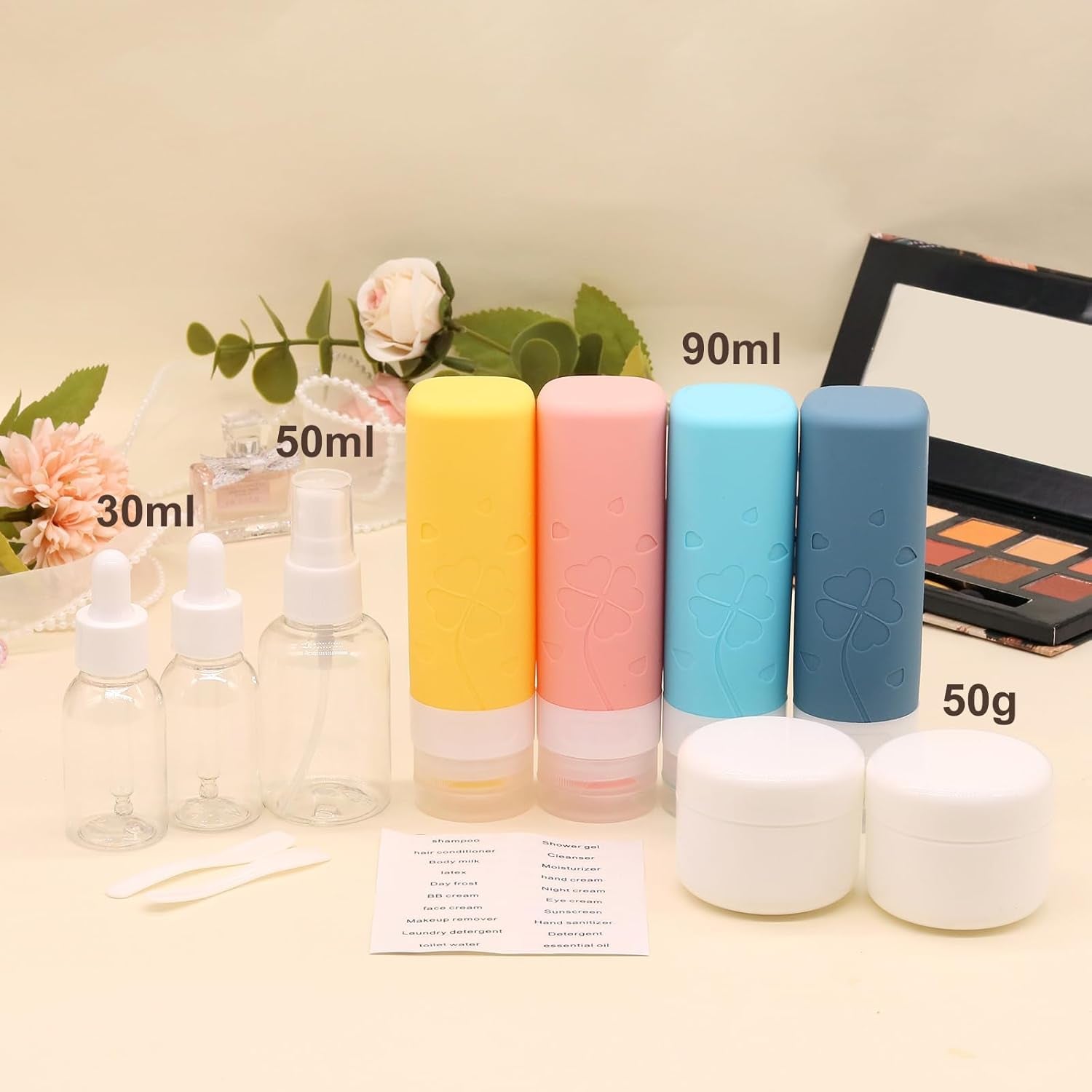 12 Pcs Travel Bottles for Toiletries, Travel Size Containers with Cream Jars, Airplane Travel Essentials Leak Proof Silicone Squeezable Travel Accessories for Shampoo Conditioner Lotion Cream