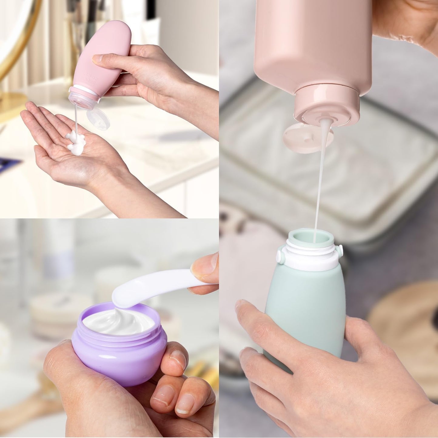 Travel Bottles for Toiletries, 4 Pack Silicone Travel Bottles Set with Clear Zipper Toiletry Bag, Leakproof Refillable Squeezable Travel Size Containers for Shampoo, Conditioner