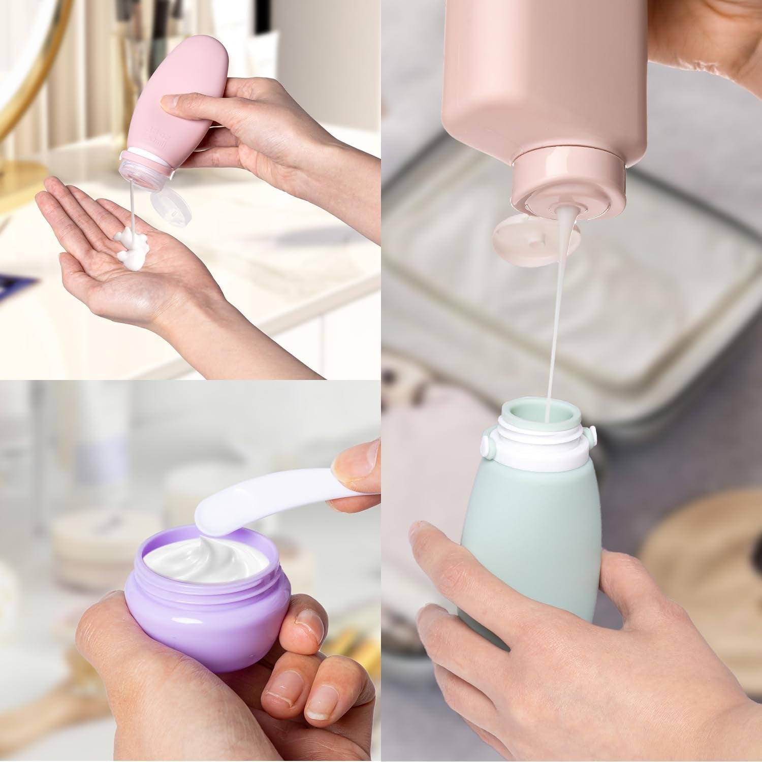 Travel Bottles for Toiletries, 4 Pack Silicone Travel Bottles Set with Clear Zipper Toiletry Bag, Leakproof Refillable Squeezable Travel Size Containers for Shampoo, Conditioner