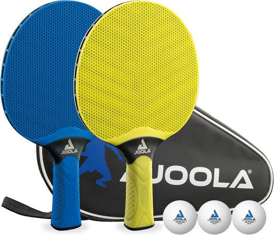 Tischtennis Set Vivid Outdoor 2 Tischtennisschläger + 3 Tischtennisbälle + Tischtennishülle, Lime/Blau, 6-Teilig
