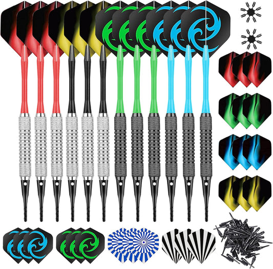 Soft Darts Set 12Packs with 4 Colors Plastic Shafts,Extra Flights,Points and Flight Protectors
