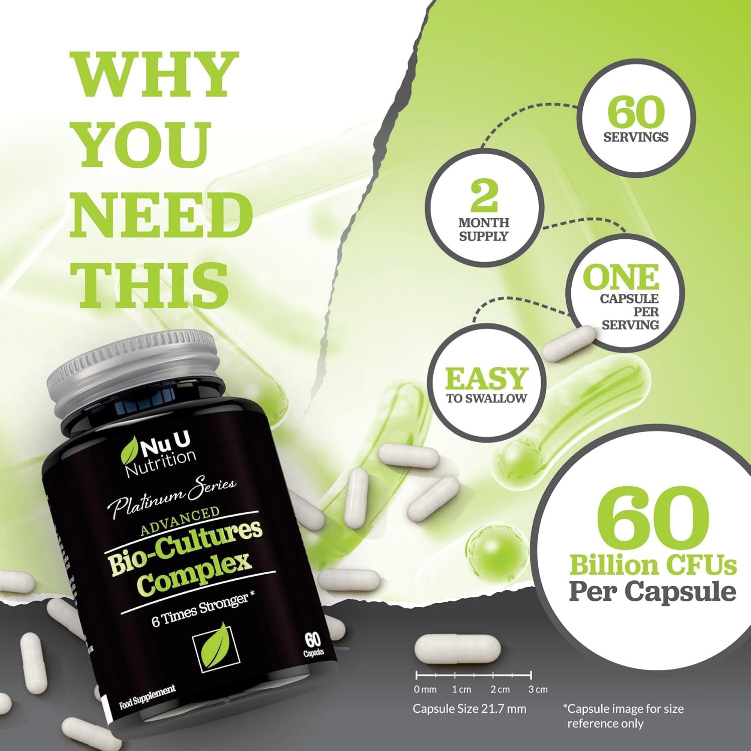 Bio Cultures Probiotics 60 Billion CFU - 60 Capsules - 2 Month Supply - 5 Active Vegetarian Strains with Lactobacillus Acidophilus & Bifidobacterium - Gut Supplements for Women & Men -